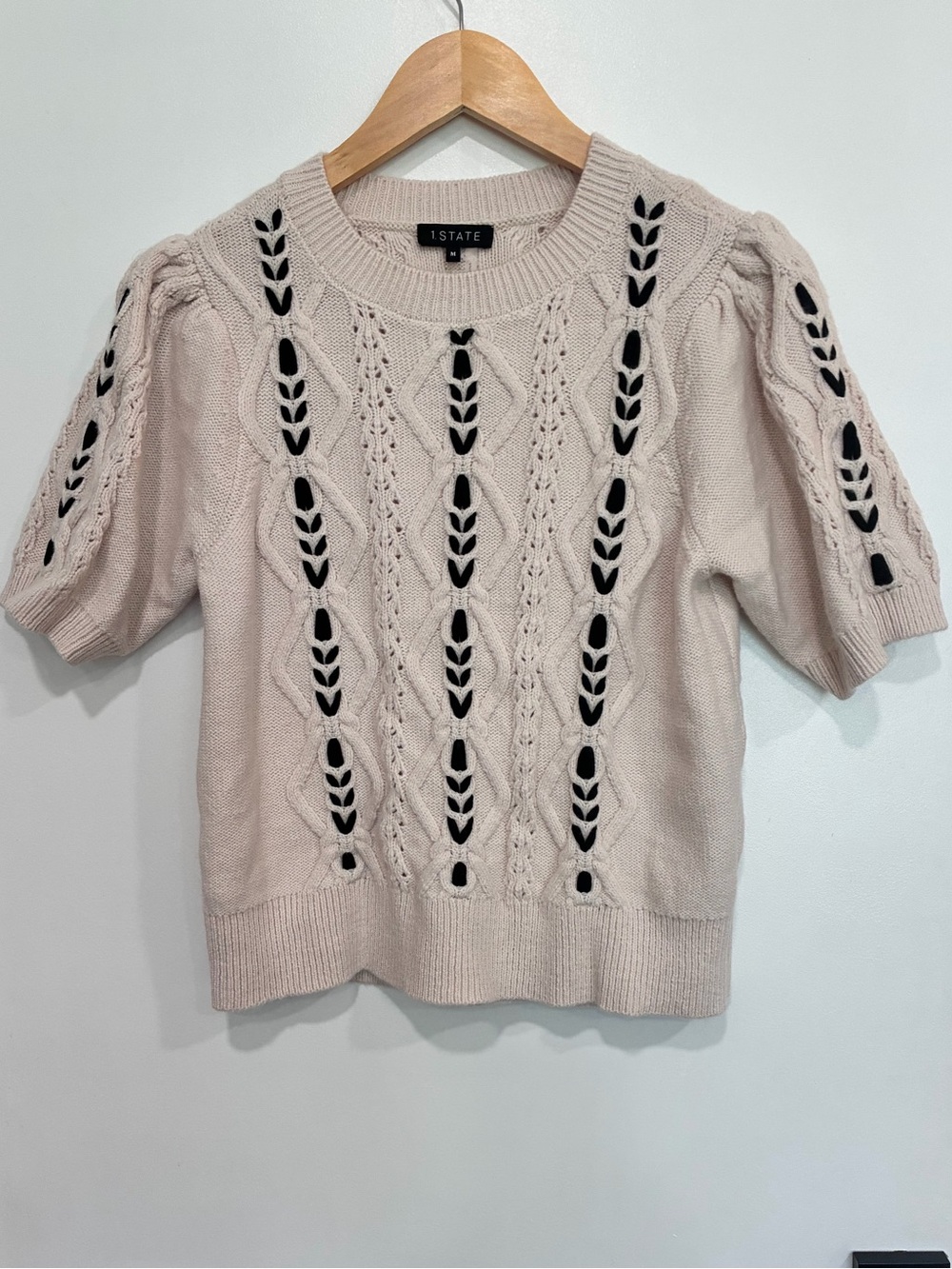 1. State Cream Knit Short Sleeve Cable Sweater with Black Insets